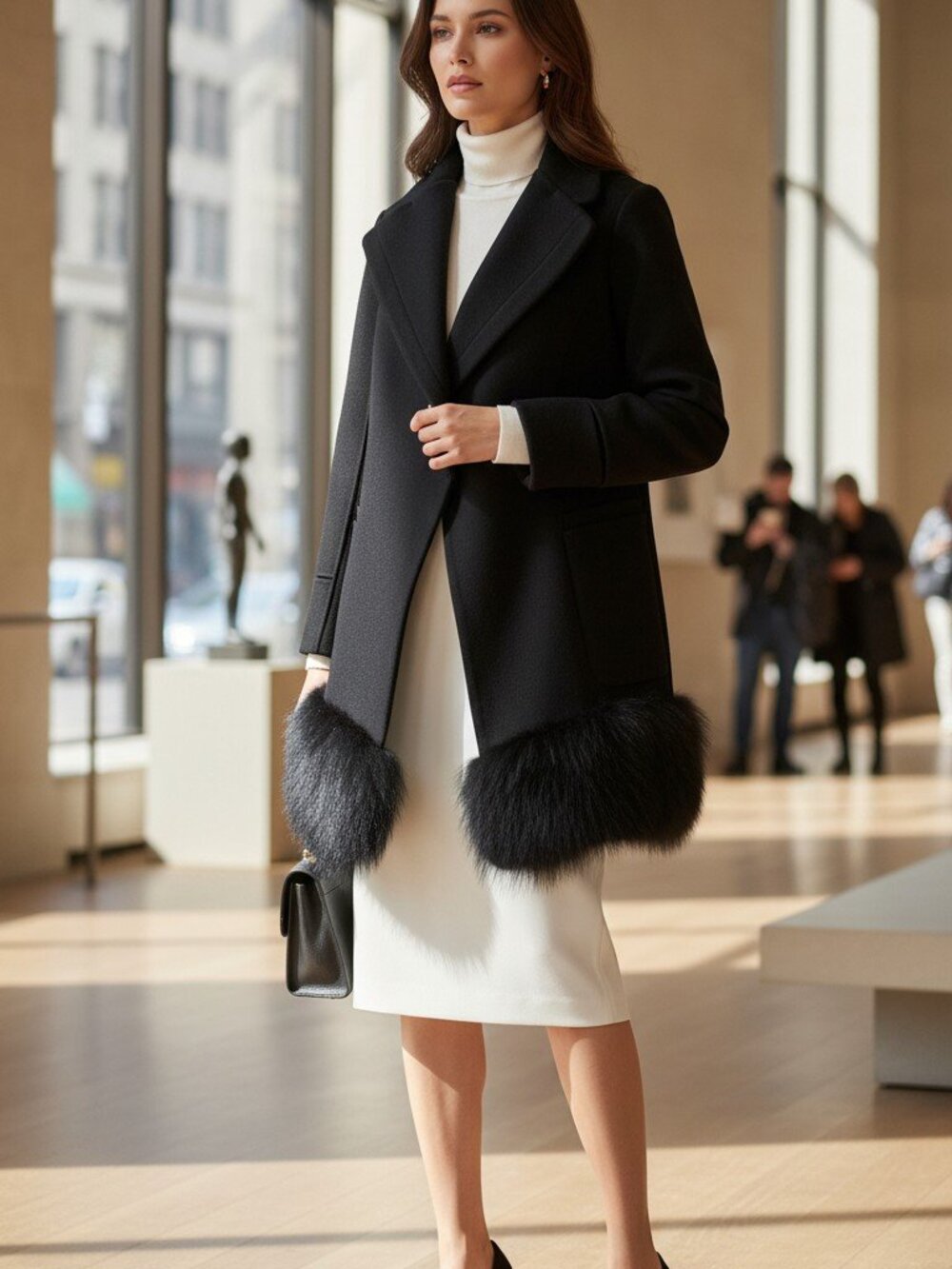 DESIGNER NINA RICCI BLACK WOOL BLEND FOX FUR HEM NOTCHED LAPELS POCKETS COAT XL